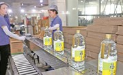 和顺县山河醋业员工正在生产线上包装瓶醋